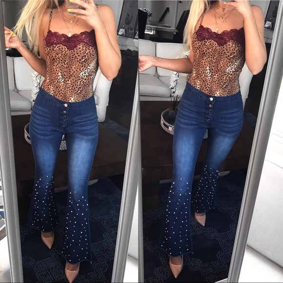 🆕 DARK BLUE DENIM PEARL BELL SHAPE BOTTOM JEANS - Picture 9 of 11